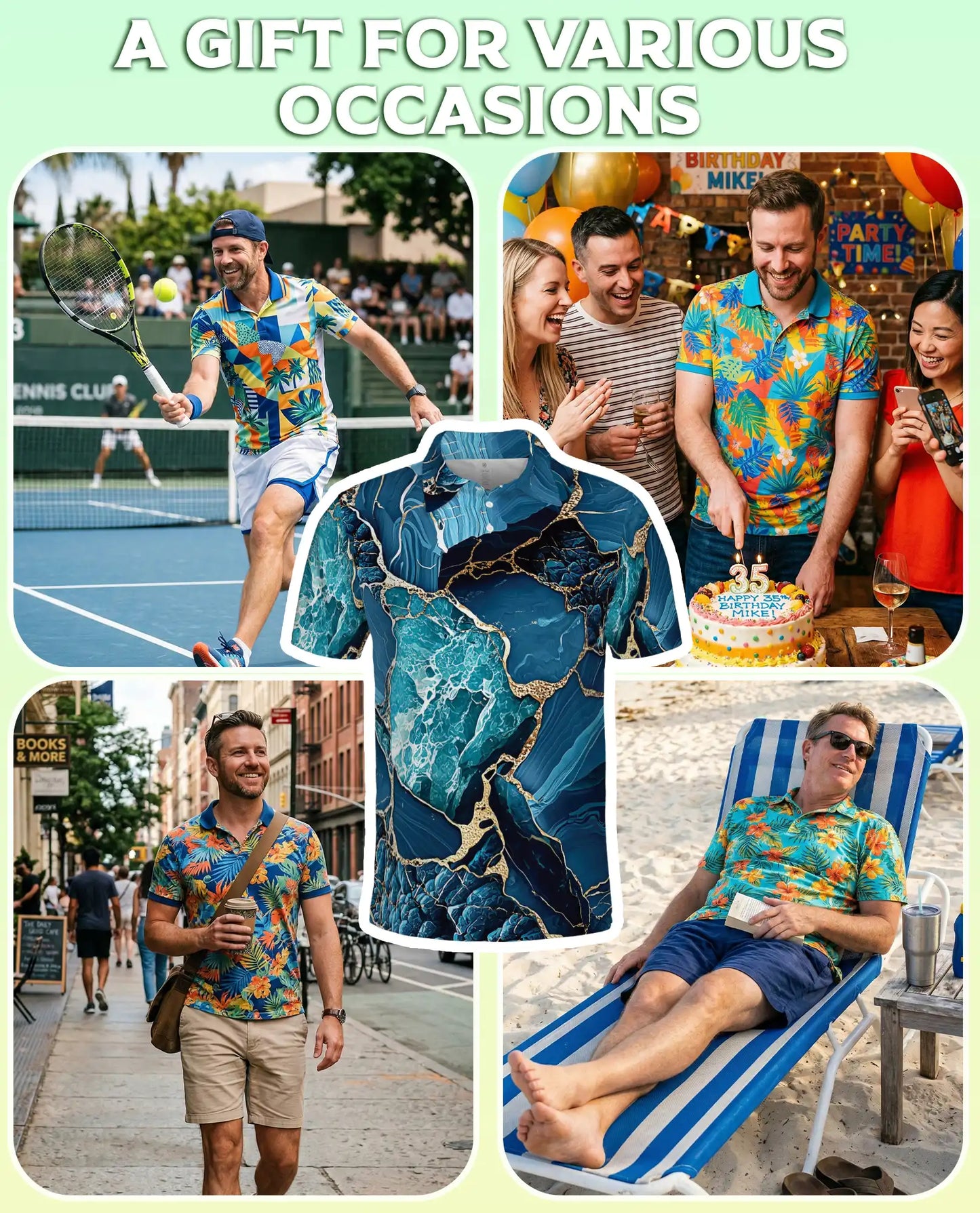 Blue Ocean Marble Polo Shirt for Men-Luxury Abstract Art | Azhawaiian