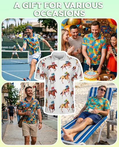 Minimal Horse Racing 3D Polo Shirt for Men, Classic Jockey Derby Style | Azhawaiian