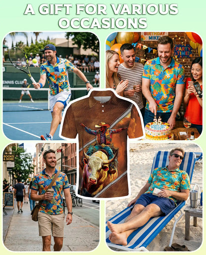 Cowboy Bull Riding 3D Polo Shirt for Men, Western Rodeo Ranch Style | Azhawaiian