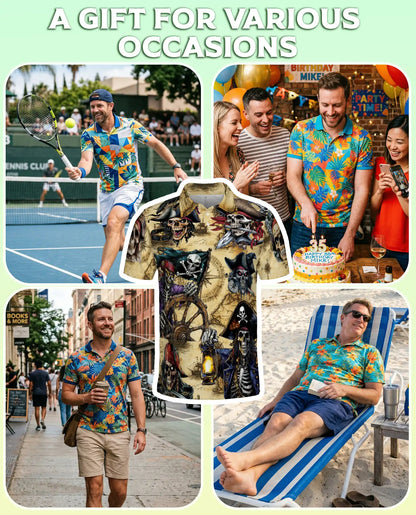 Vintage Pirate Skeleton Polo Shirt-Skull Captain Treasure Map Design | Azhawaiian