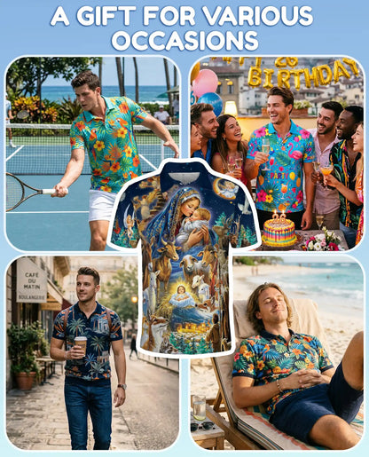 Nativity Scene Christmas Polo Shirt for Men- Christian Faith Holy Night | Azhawaiian