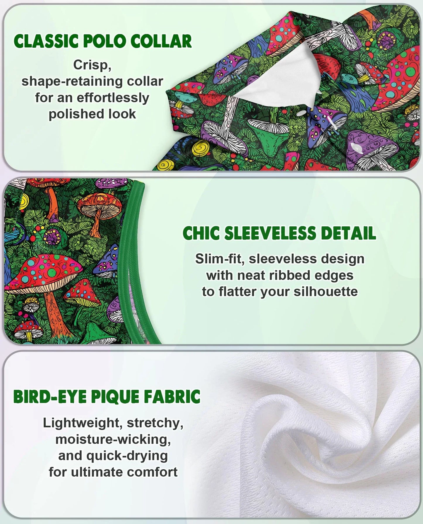 Hippie Vintage Mushroom Sleeveless Polo Shirt for Women | Azhawaiian
