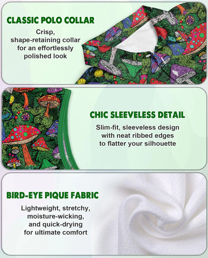 Hippie Vintage Mushroom Sleeveless Polo Shirt for Women | Azhawaiian