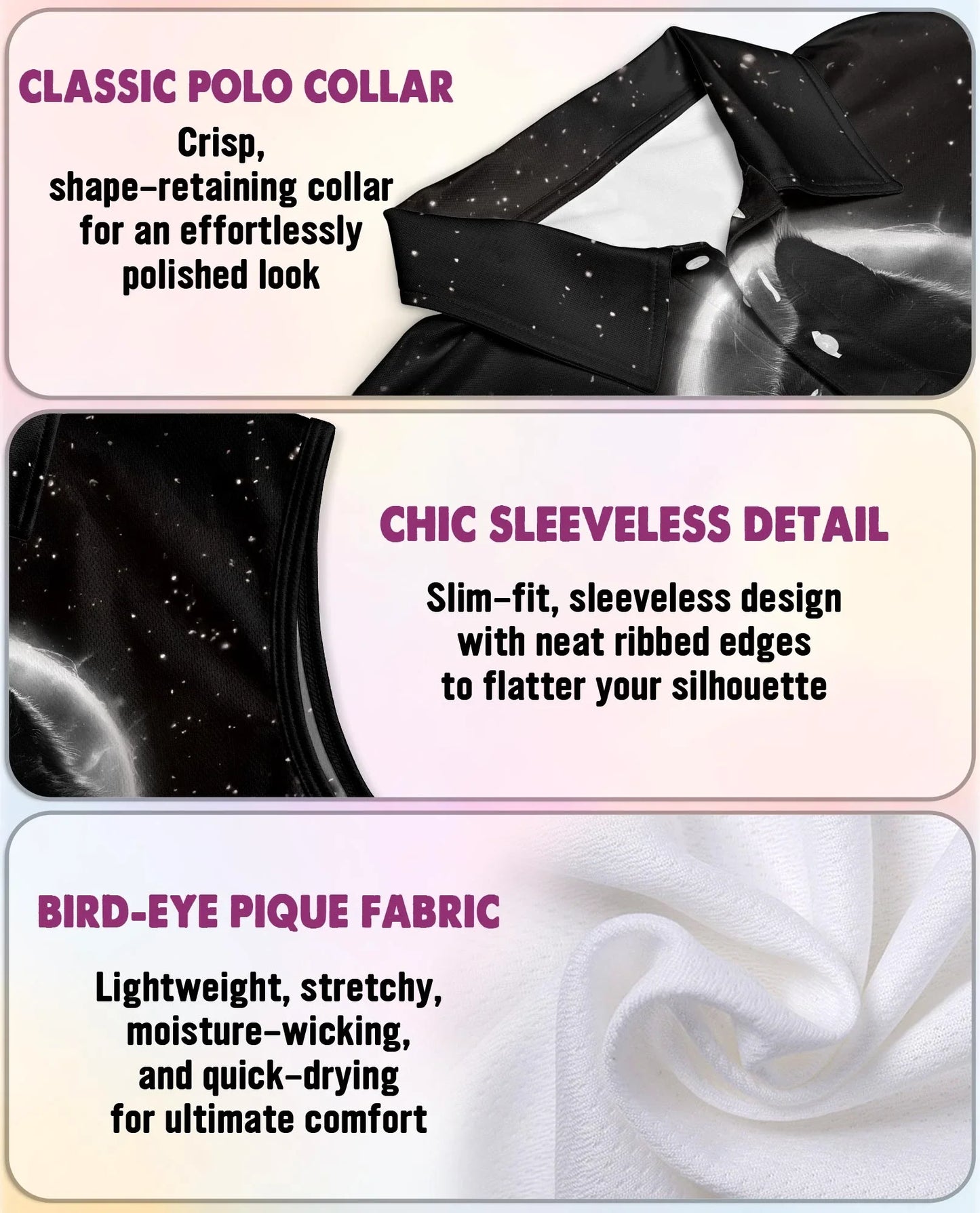 Black Cat Moonlight Sleeveless Polo Shirt for Women