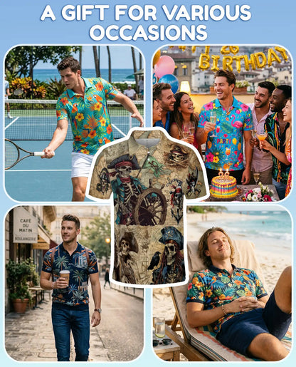 Pirate Skeleton Adventure Polo Shirt for Men, Skull Pirate Design | Azhawaiian