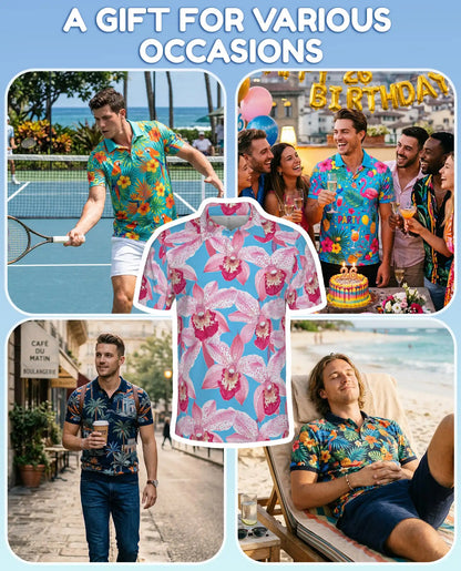 Pink Orchid Polo Shirt for Men, Tropical Floral Style | Azhawaiian
