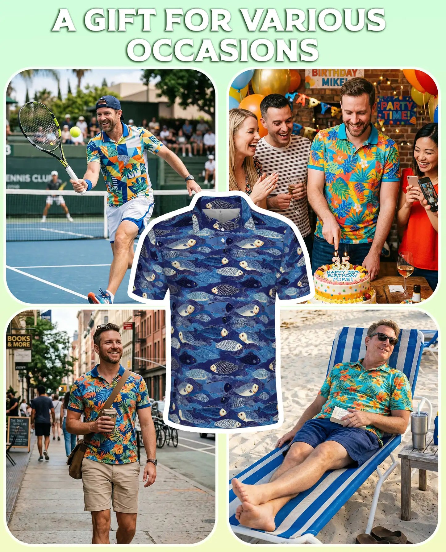Blue Coastal Fish Polo Shirt for Men- Ocean Fish Pattern | Azhawaiian