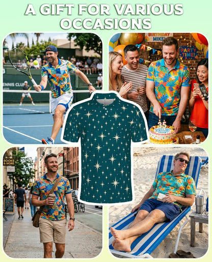Retro Star Pattern Polo Shirt, Celestial Sky Print | Azhawaiian