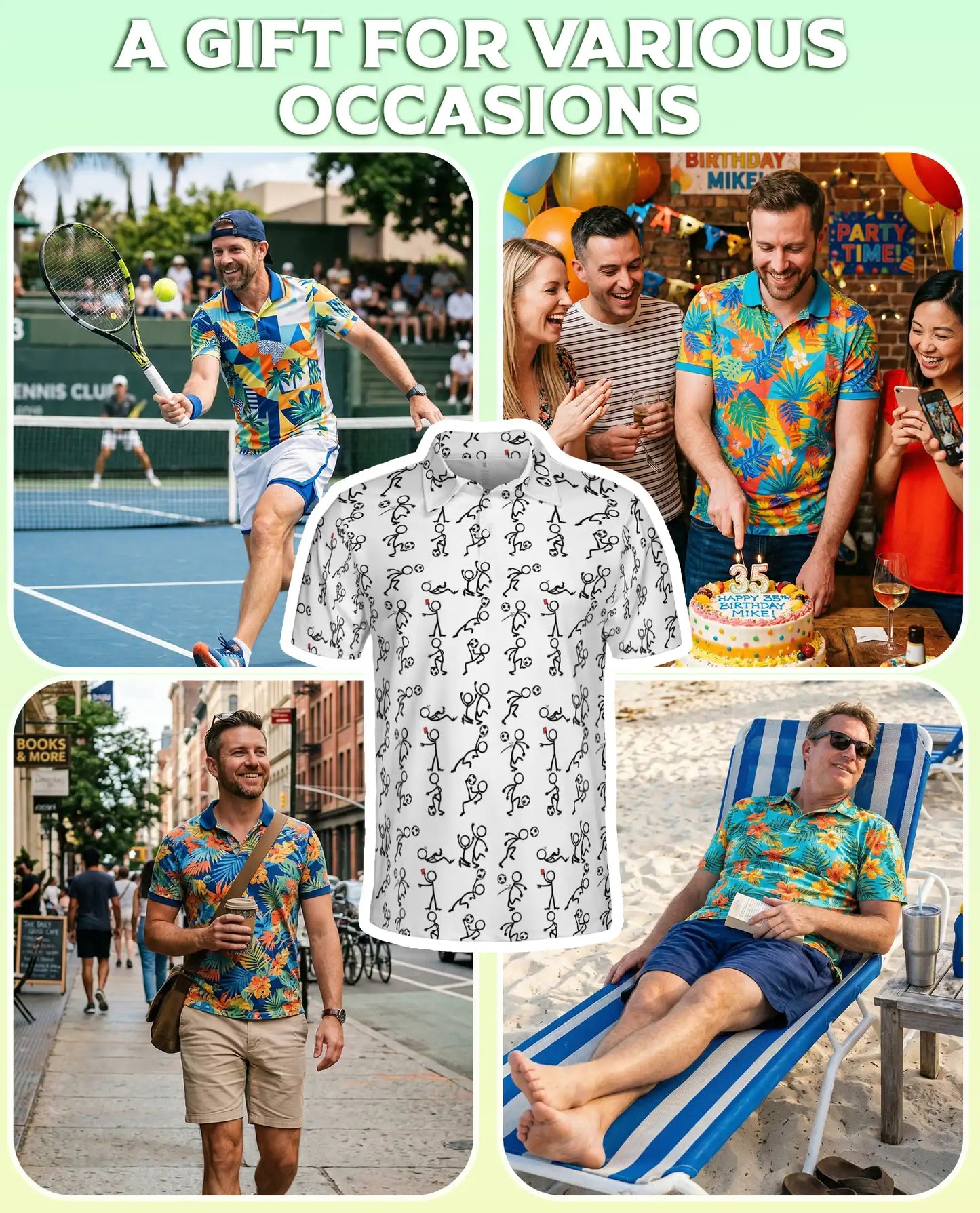 Funny Stick Figure Sports 3D Polo Shirt for Men, Minimal Cartoon Athletic Style | Azhawaiian