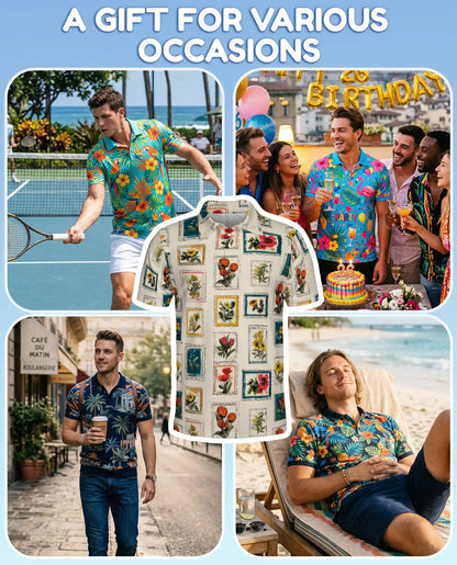 Floral Stamp Polo Shirt for Men, Vintage Botanical Style | Azhawaiian