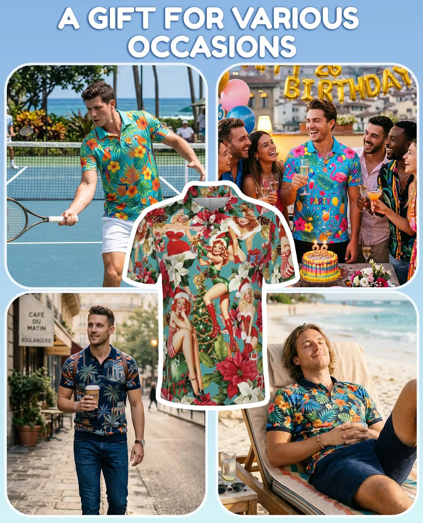 Vintage Christmas Pin Up Girl 3D Polo Shirt for Men, Retro Holiday Style | Azhawaiian