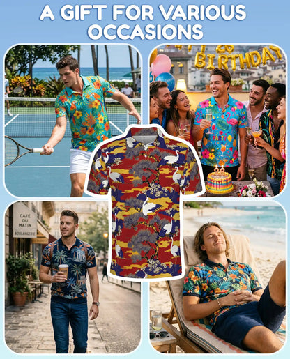 Crane Bird Polo Shirt for Men, Japanese Garden Style | Azhawaiian