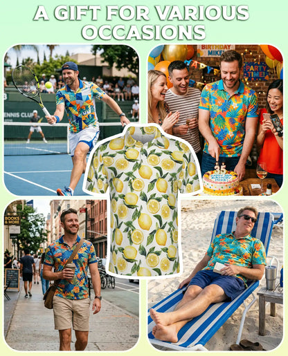 Lemon Print Polo Shirt, Fresh Citrus Pattern | Azhawaiian