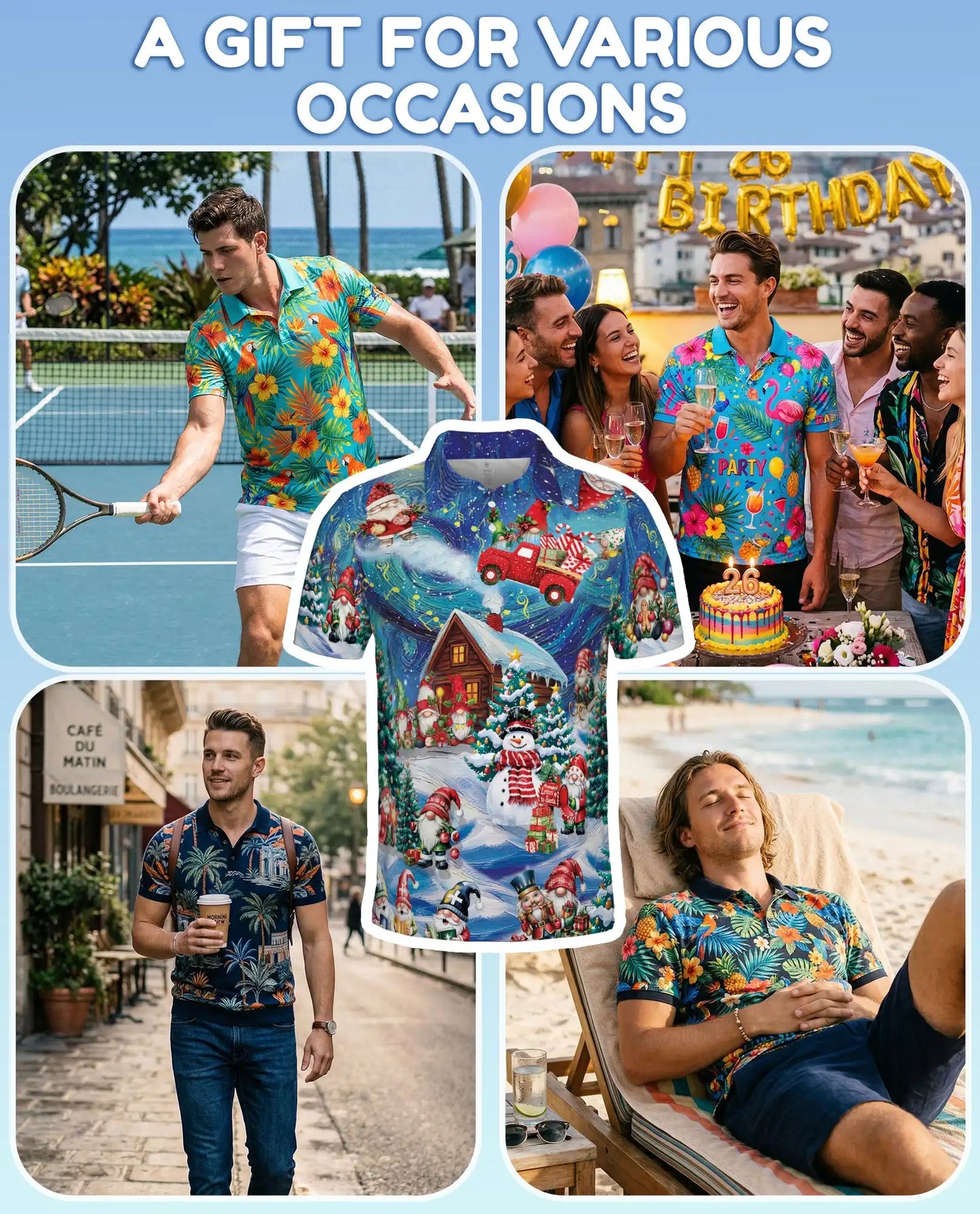 Christmas Gnome Polo Shirt, Winter Holiday Print | Azhawaiian