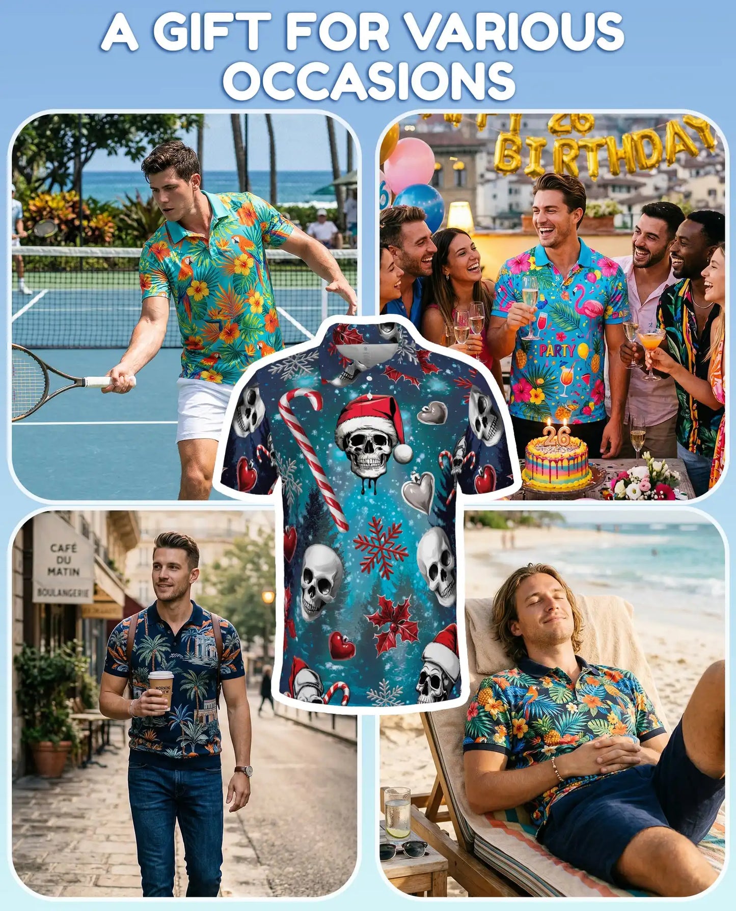 Christmas Skull 3D Polo Shirt for Men, Gothic Holiday Horror Style | Azhawaiian