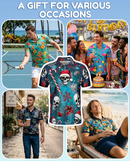 Christmas Skull 3D Polo Shirt for Men, Gothic Holiday Horror Style | Azhawaiian