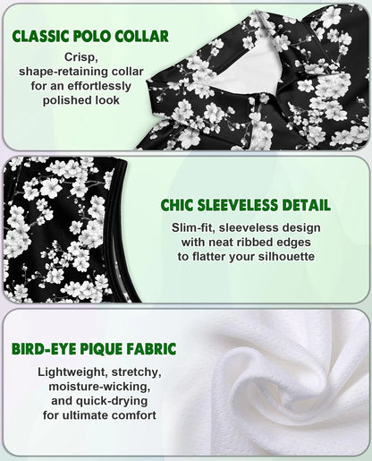 Black and White Floral Pattern Sleeveless Polo Shirt for Women | Azhawaiian