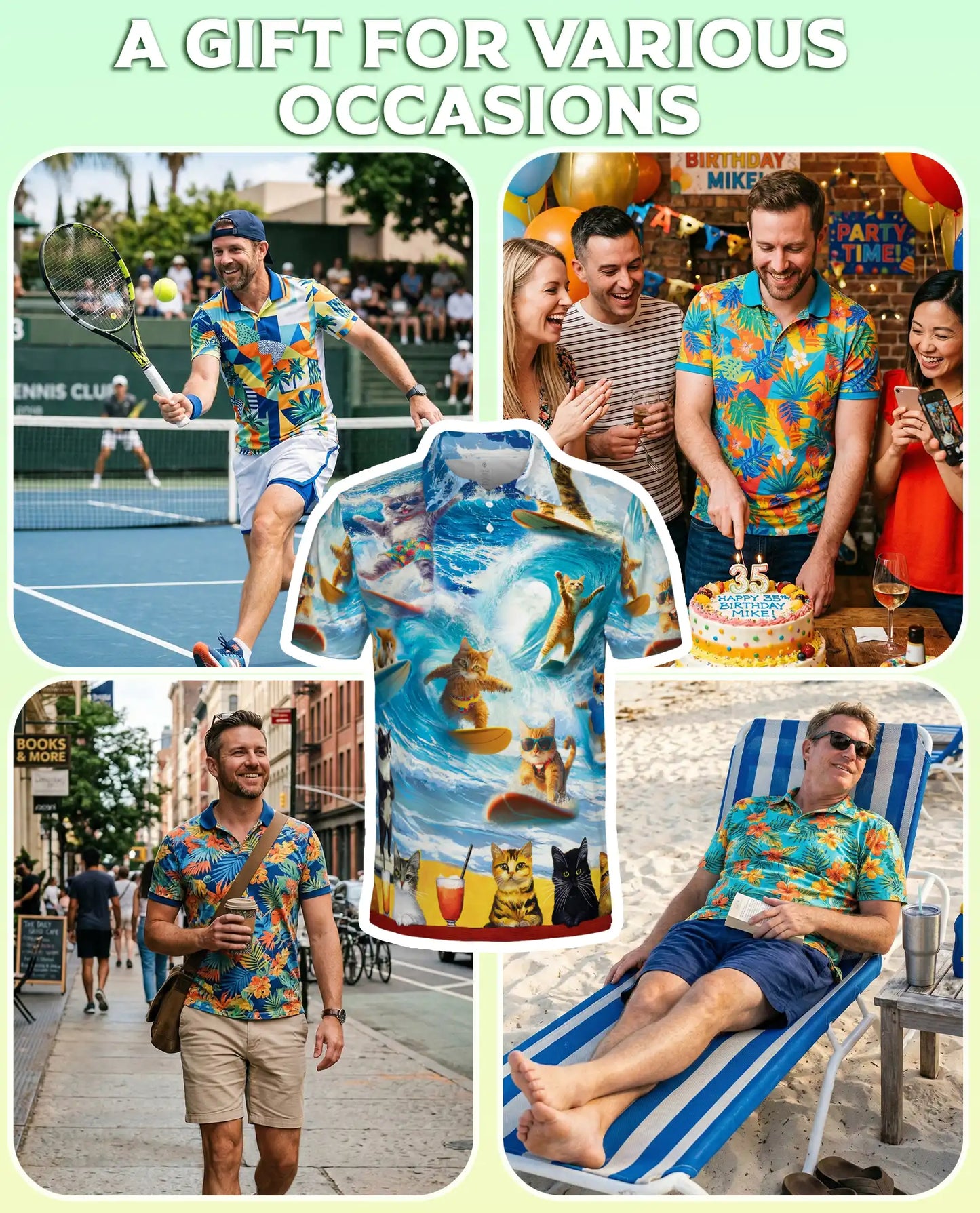 Surfing Cat 3D Polo Shirt for Men, Funny Beach Summer Style | Azhawaiian