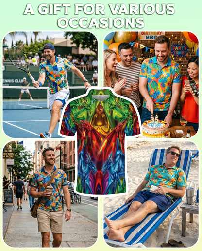 Colorful Dragon 3D Polo Shirt for Men, Fantasy Fire Art Style | Azhawaiian