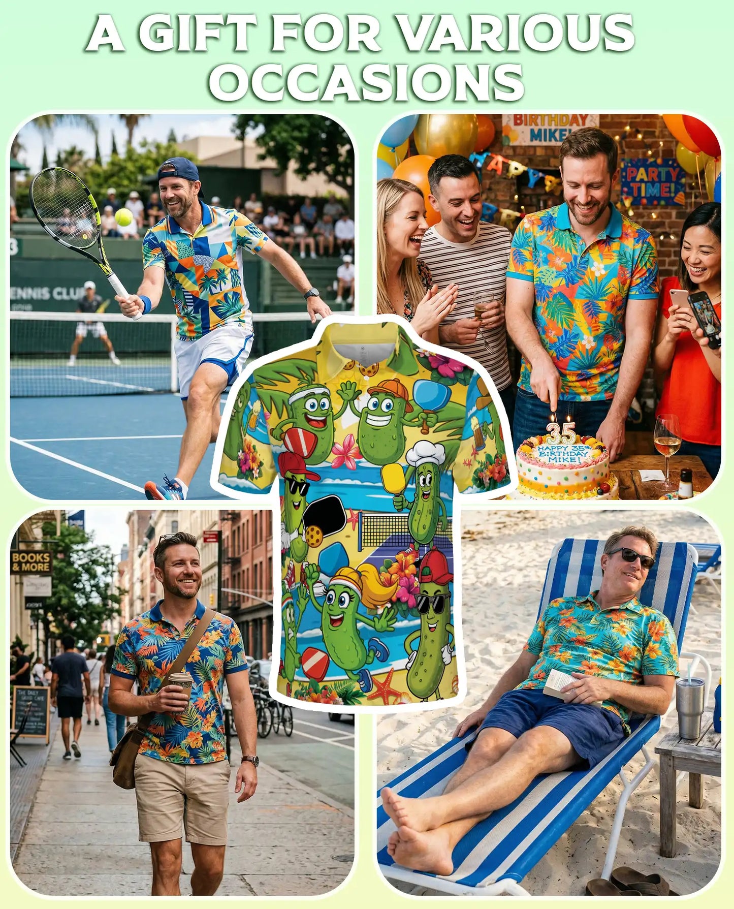 Funny Pickle Beach Pickleball Polo Shirt for Men-Cartoon Pickle Tropical | Azhawaiian