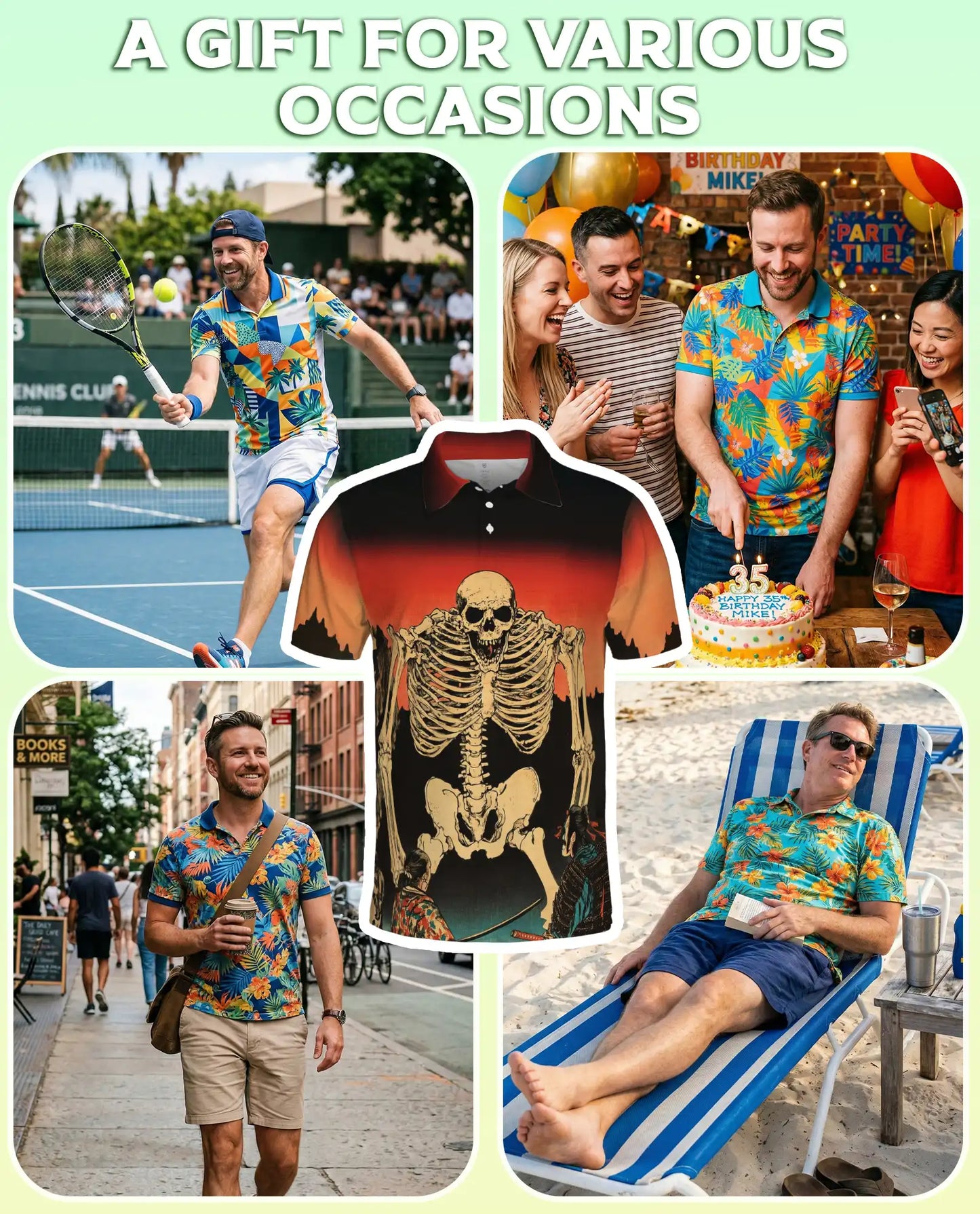 Skeleton Sunset Polo Shirt, Vintage Skull Print | Azhawaiian