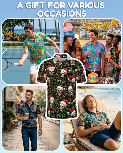 Christmas Skull 3D Polo Shirt for Men, Gothic Holiday Santa Style | Azhawaiian
