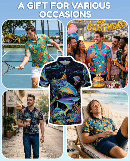 Tropical Sharks Polo Shirt for Men, Colorful Ocean Fish Design | Azhawaiian