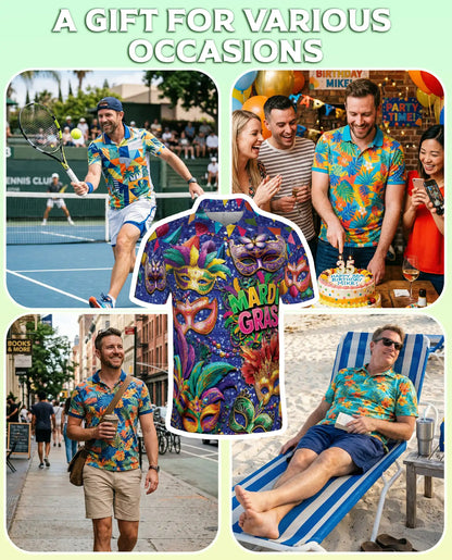 Mardi Gras Carnival Mask Polo Shirt for Men-Colorful Festival Feather Mask | Azhawaiian