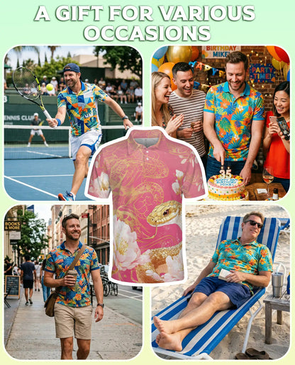 Snake Floral Polo Shirt, Gold Serpent Print | Azhawaiian