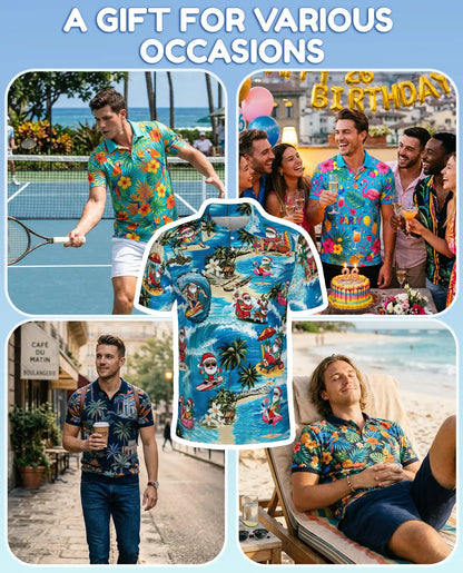 Surfing Santa 3D Polo Shirt for Men, Tropical Christmas Beach Style | Azhawaiian