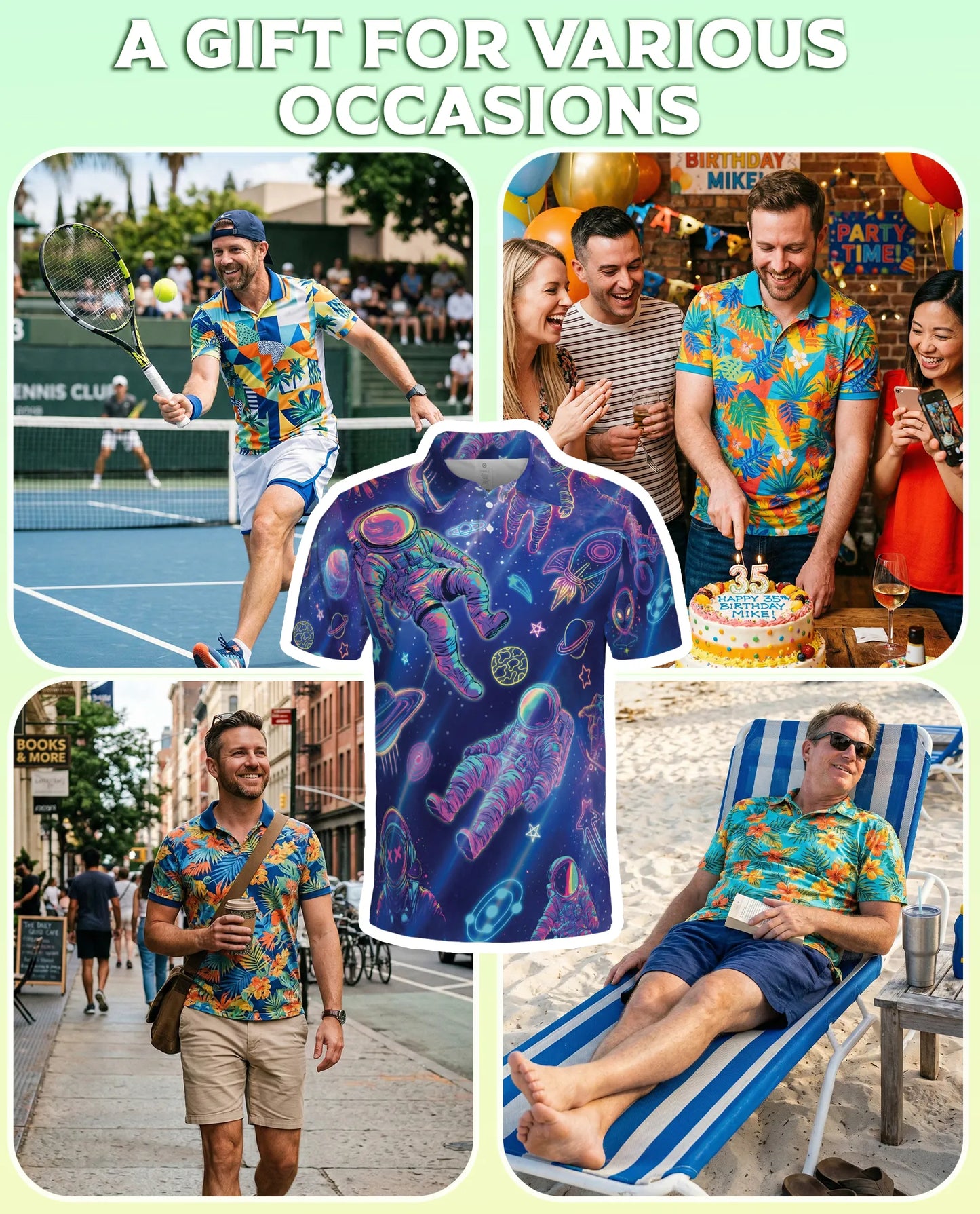 Astronaut Space 3D Polo Shirt for Men, Neon Galaxy Sci-Fi Style | Azhawaiian