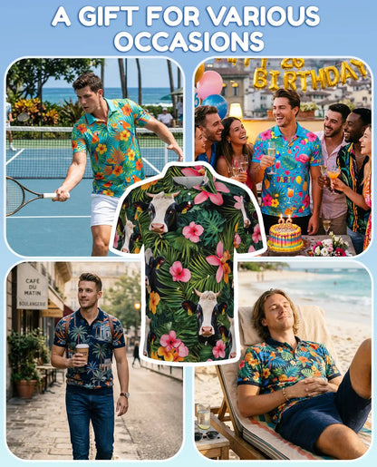 Holstein Cow Tropical Polo Shirt - Hawaiian Farm Animal Floral Design | Azhawaiian