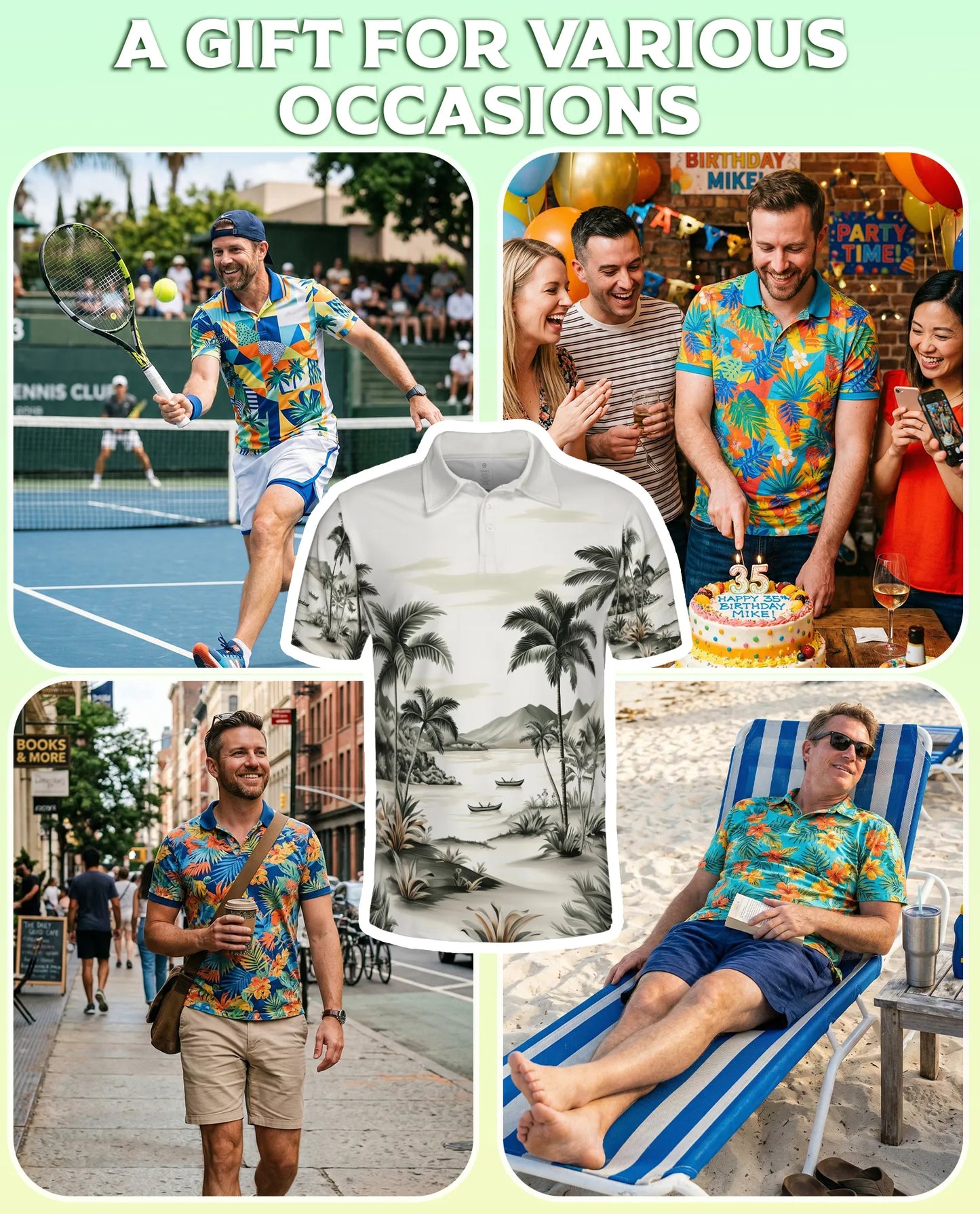 Tropical Landscape 3D Polo Shirt for Men, Vintage Beach Palm Style | Azhawaiian