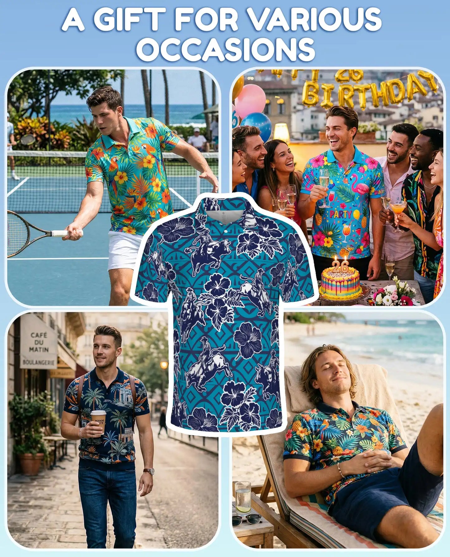 Western Rodeo Hibiscus Polo Shirt for Men- Cowboy Bull Riding | Azhawaiian