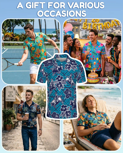 Western Rodeo Hibiscus Polo Shirt for Men- Cowboy Bull Riding | Azhawaiian