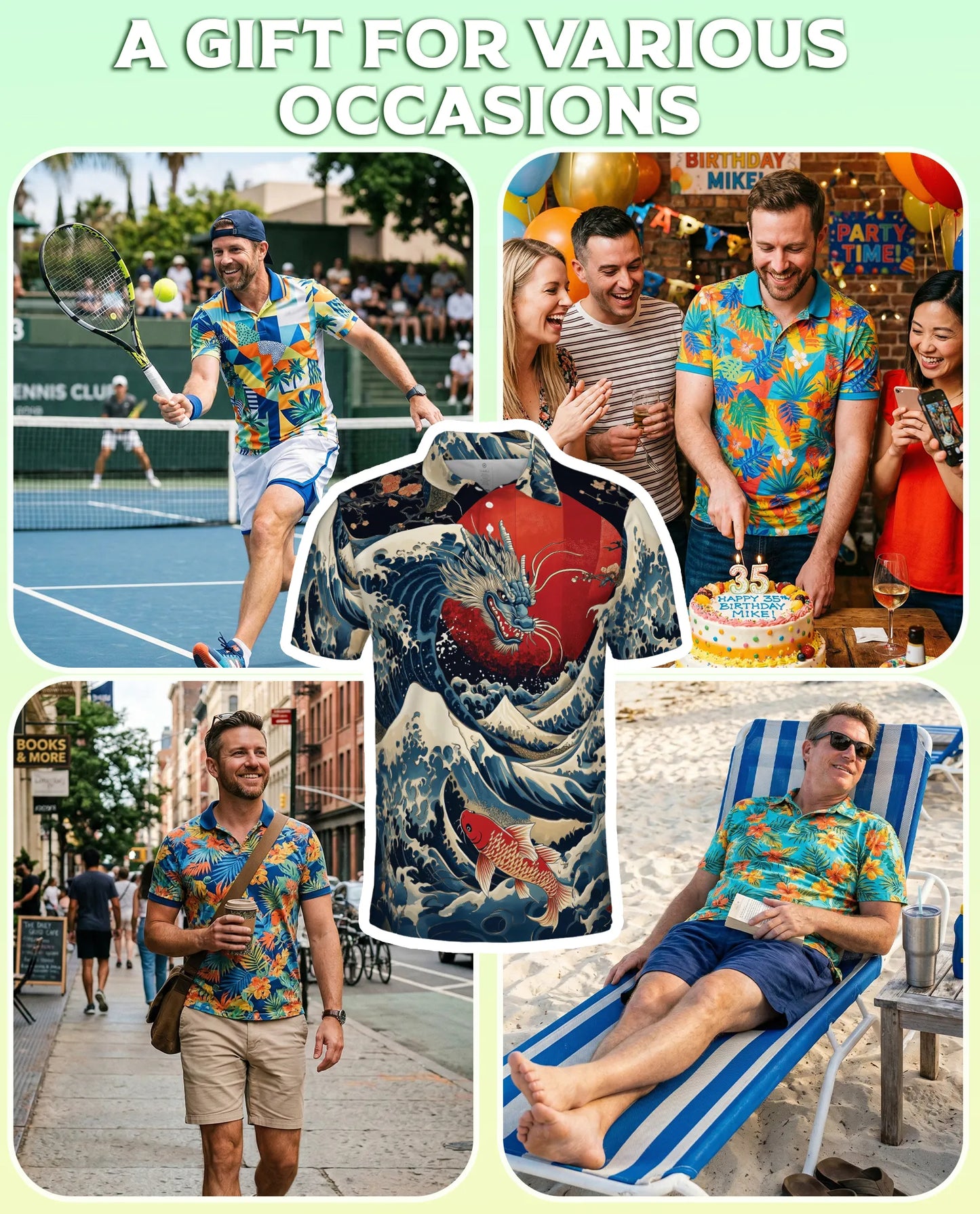 Dragon Wave 3D Polo Shirt for Men, Japanese Koi Ocean Style | Azhawaiian