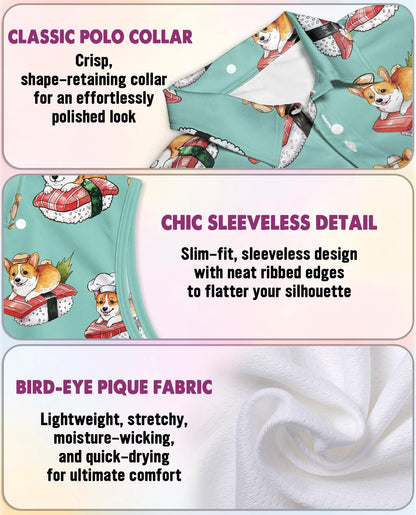 Sushi Corgi Sleeveless Polo Shirt for Women | Azhawaiian