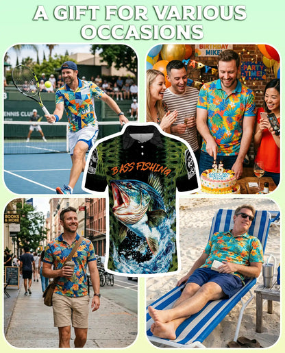 Bass Fishing 3D Polo Shirt for Men, Freshwater Angler Outdoor Style | Azhawaiian
