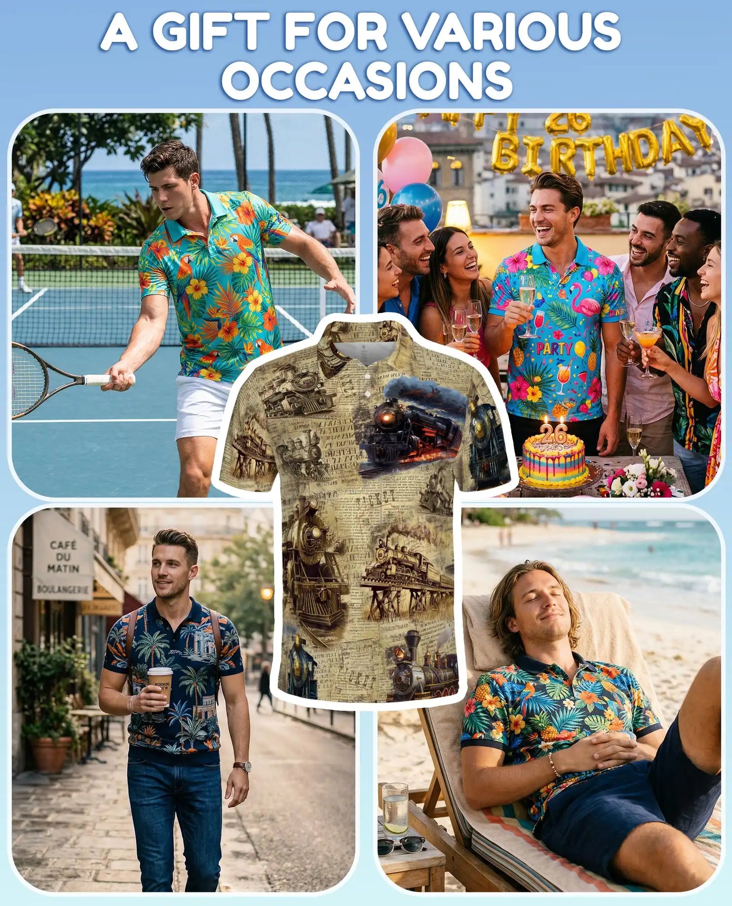 Vintage Train Polo Shirt for Men, Steam Locomotive Art | Azhawaiian