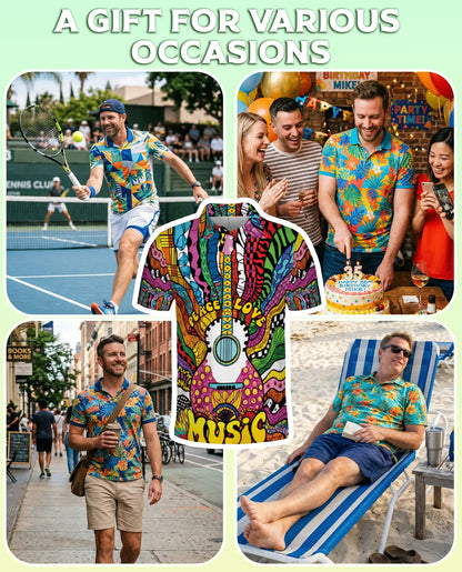 Psychedelic Music 3D Polo Shirt for Men, Colorful Guitar Art Style | Azhawaiian