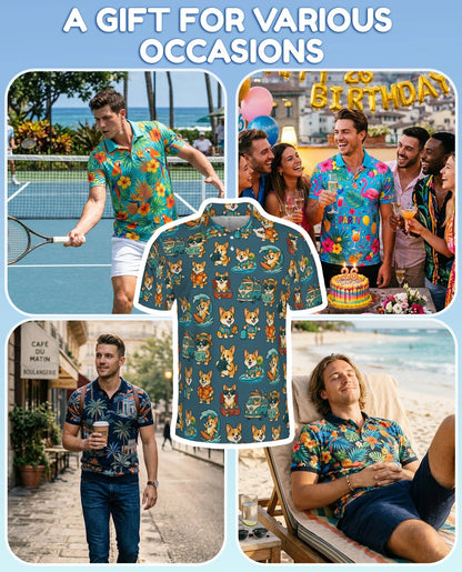 Cartoon Corgi Surfing Polo Shirt for Men, Cute Dog Beach Style | Azhawaiian