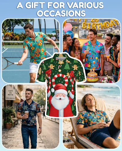 Joyful Christmas Polo Shirt for Men, Santa Holiday Design | Azhawaiian