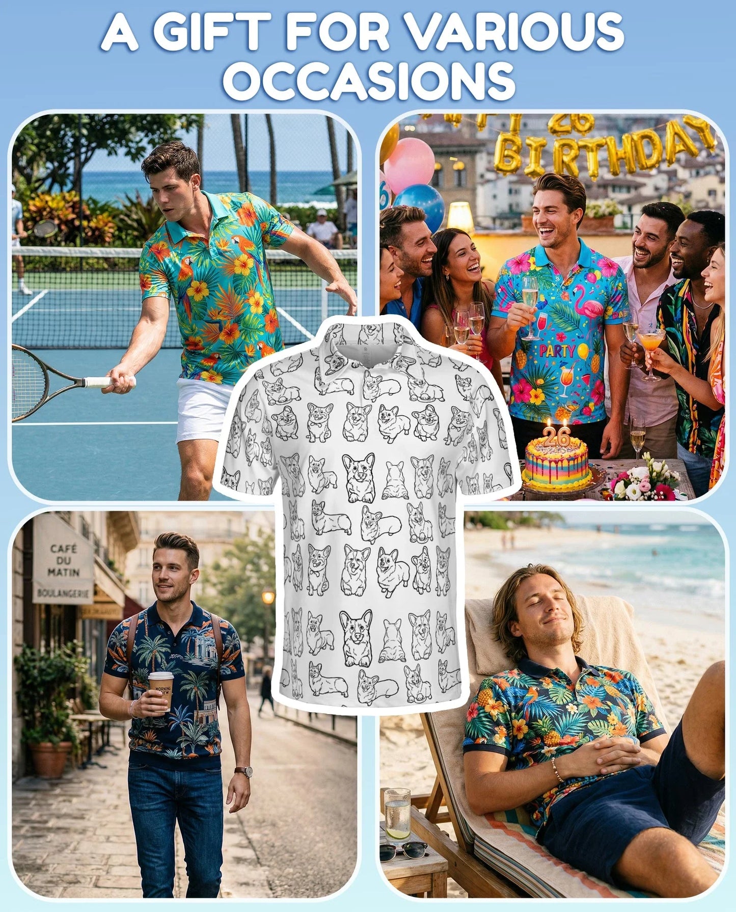 Corgi Pattern Polo Shirt for Men, Cute Dog Lover Style | Azhawaiian