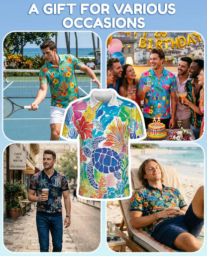 Colorful Sea Turtle Polo Shirt for Men, Vibrant Ocean Design | Azhawaiian