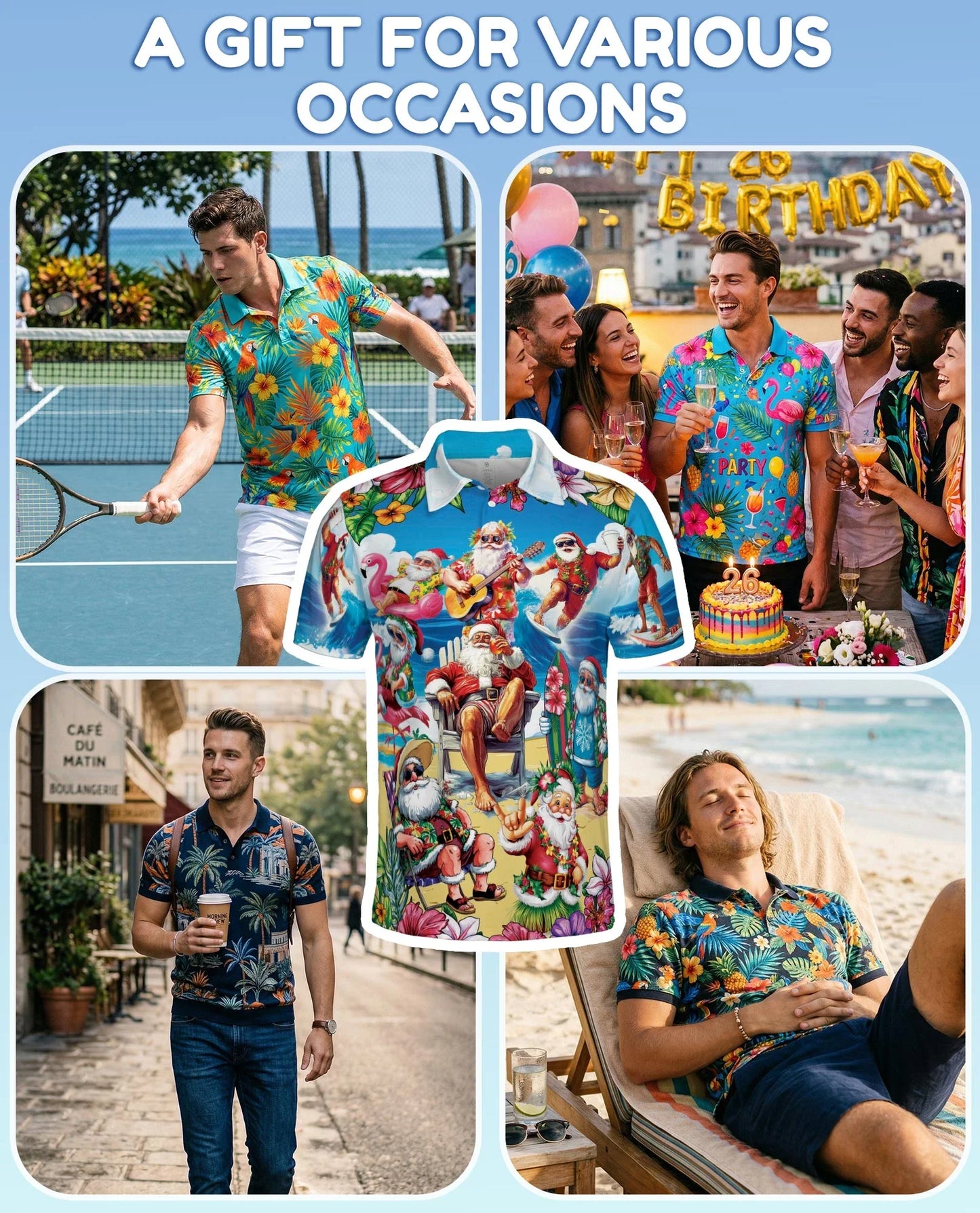 Funny Surfing Santa Polo Shirt for Men, Christmas Beach Style | Azhawaiian