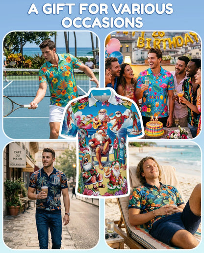 Funny Surfing Santa Polo Shirt for Men, Christmas Beach Style | Azhawaiian
