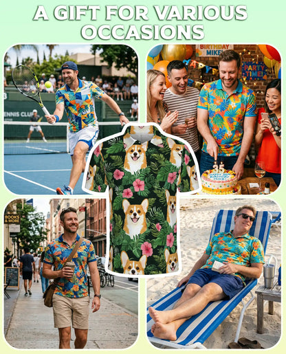 Corgi Tropical 3D Polo Shirt for Men, Cute Dog Floral Style | Azhawaiian