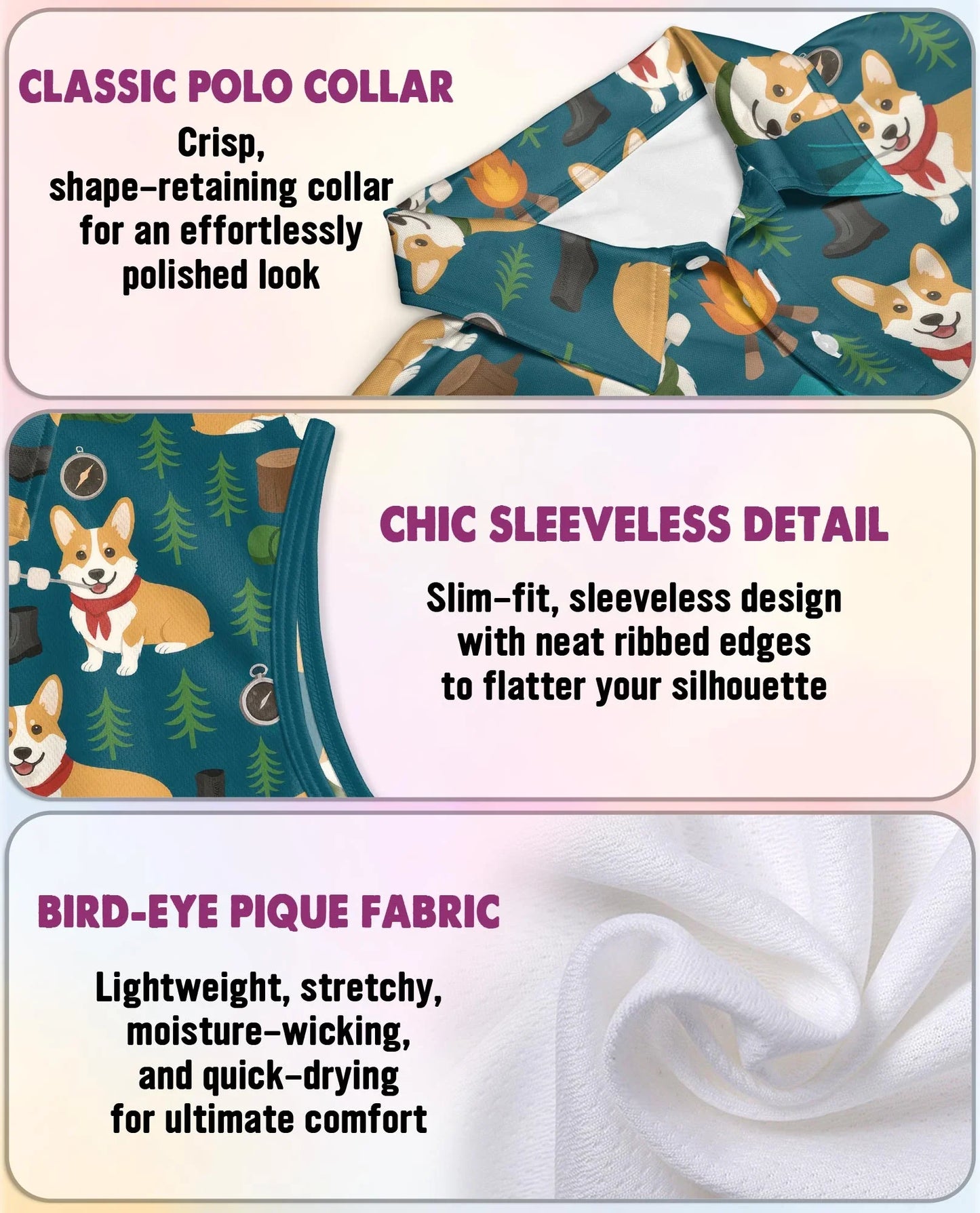 Corgi Camping Sleeveless Polo Shirt for Women, Cute Outdoor Dog Style | Azhawaiian