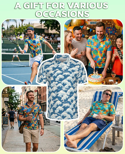 Japanese Ocean Wave 3D Polo Shirt for Men, Coastal Minimalist Art Style | Azhawaiian