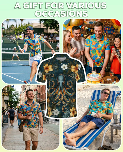 Octopus Polo Shirt for Men-Tropical Ocean Sea Creature Nautical Beach Shirt | Azhawaiian